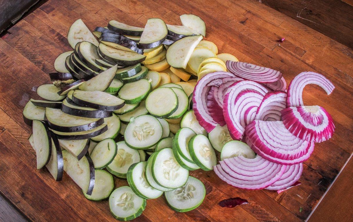 Slice the vegetables thinly, so that they cook through while the backstrap cooks.