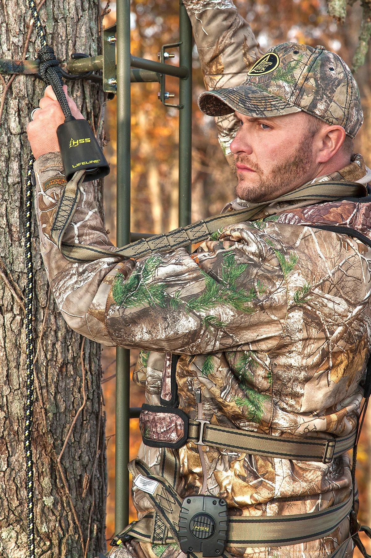 Always climb with a harness on. Use a lifeline so you're tied in from the time you leave the ground until you reach it again. (Hunter Safety System photo)