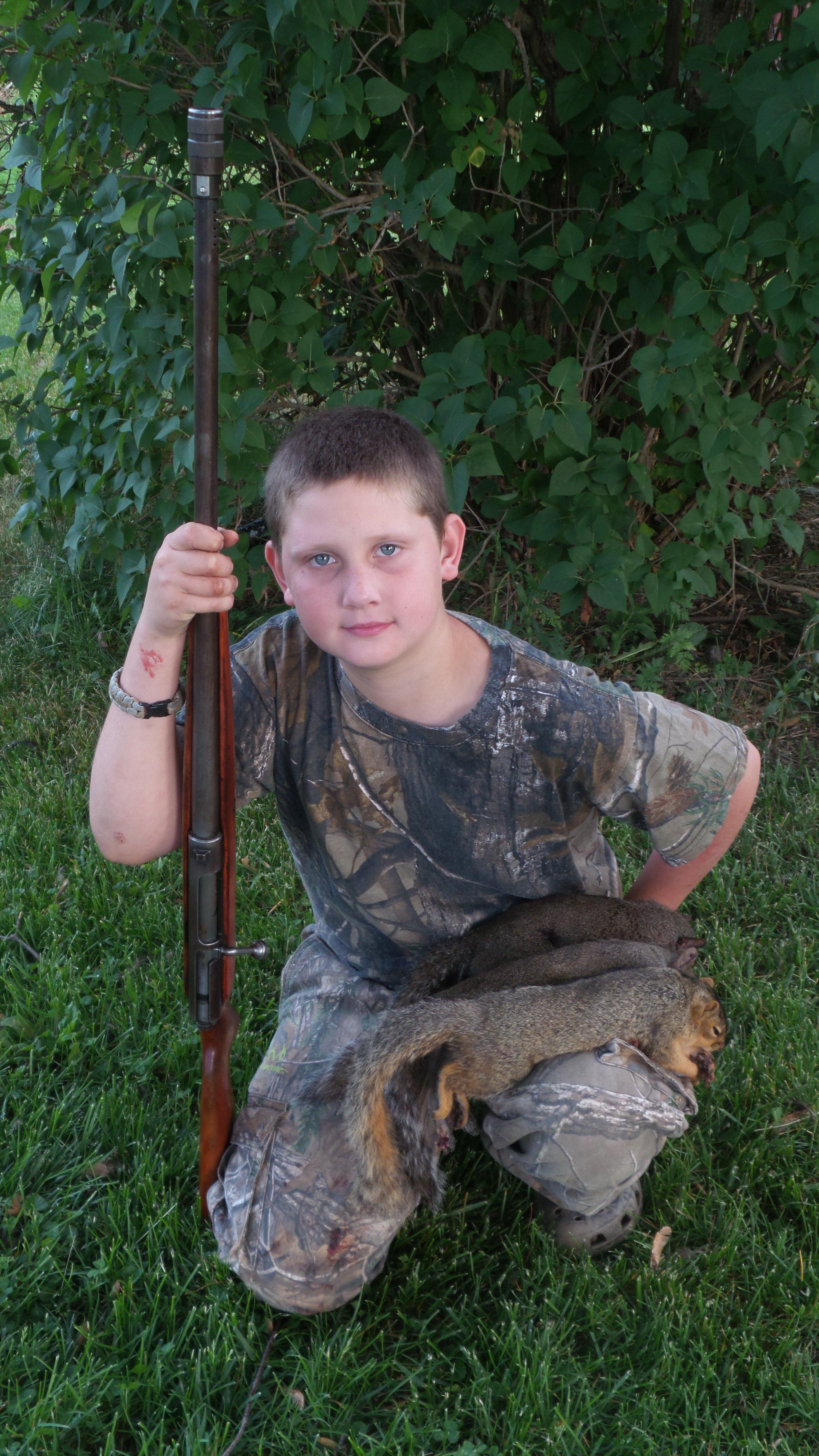 Potroast loves to chase squirrels with his great grandfather's old squirrel gun.