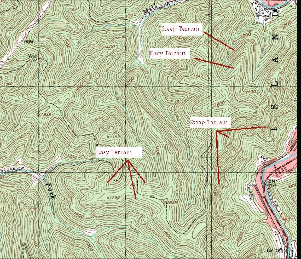 Here, easy and hard (positive and negative) terrain features are represented by the varying space between the lines. (Steve Flores photo)