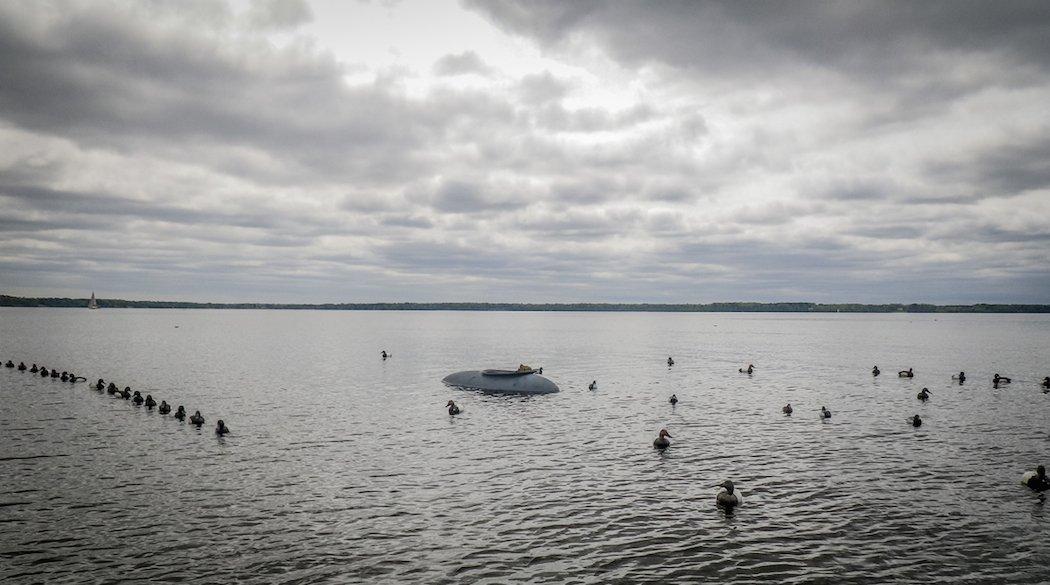 A layout boat is the best option in open water. (Photo courtesy of OBX Guide Service)