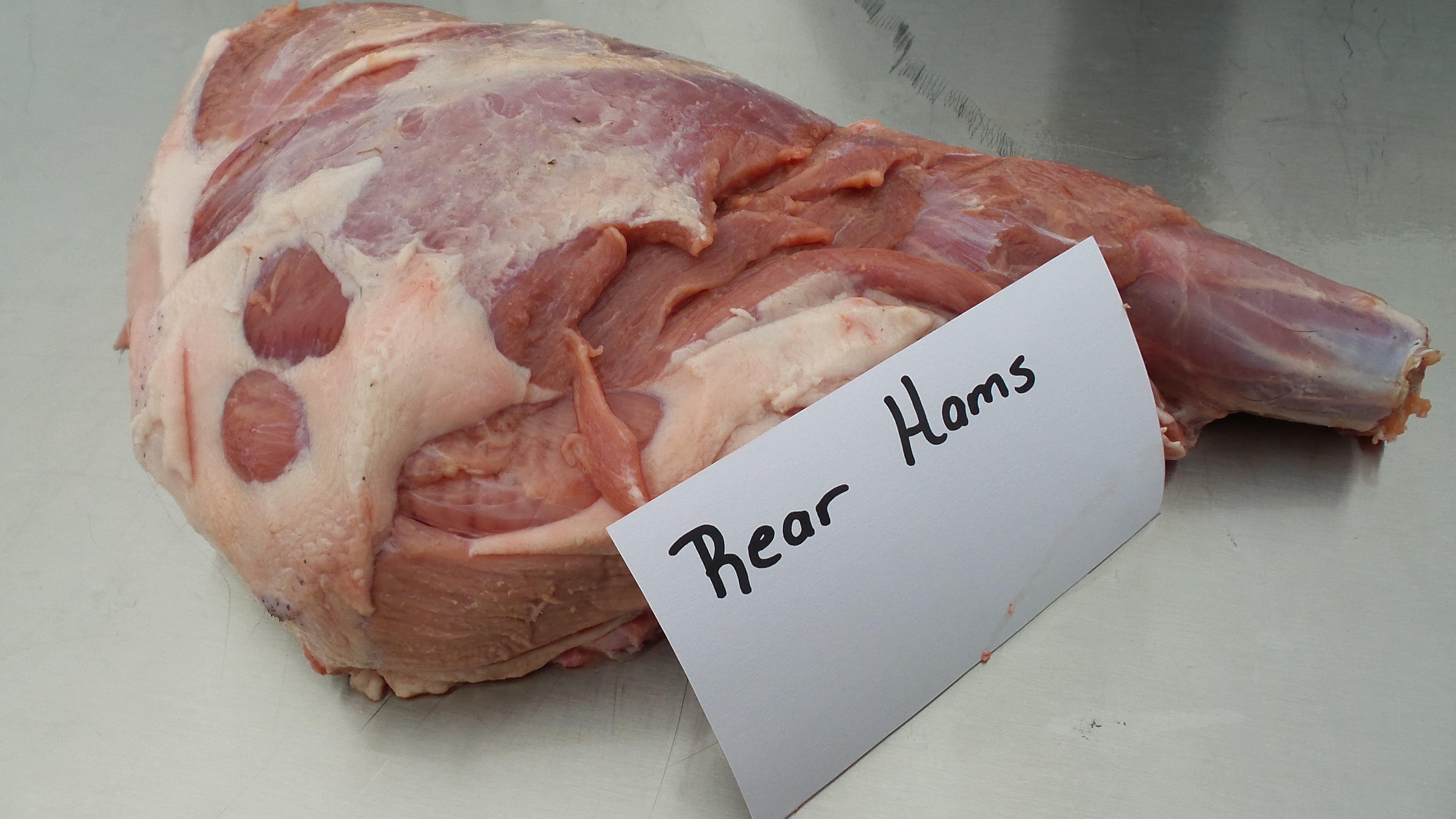 Rear hams are easily removed and separated with a meat saw.