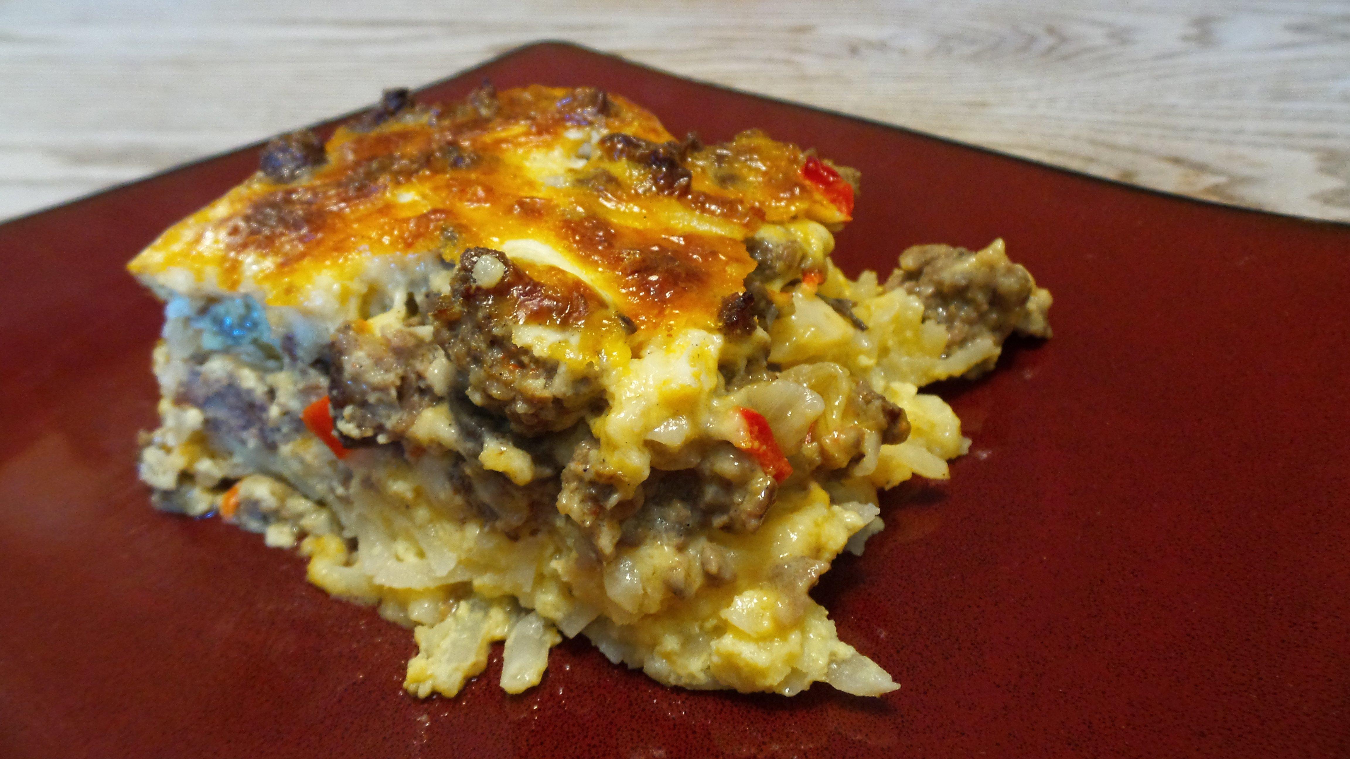 A slice of breakfast casserole makes a filling breakfast.