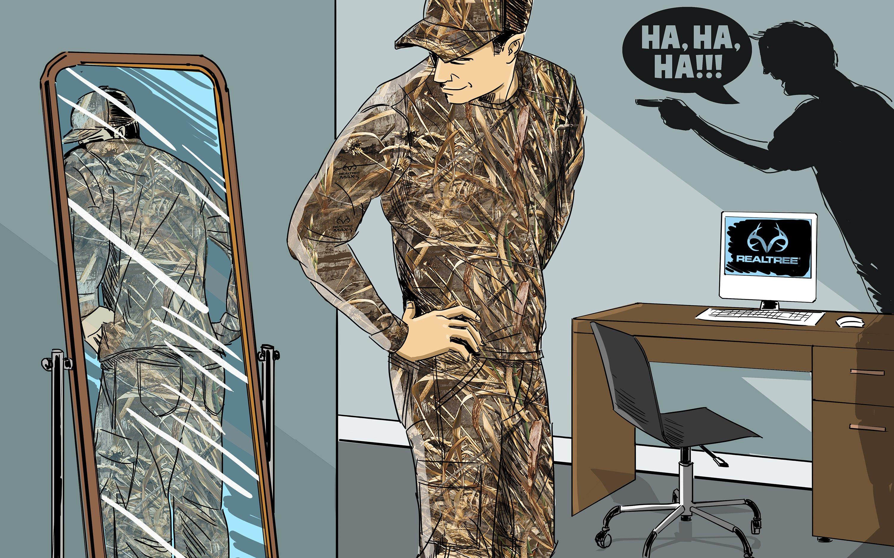 The duck blogger thinks Realtree Max-5 looks great in the field and for social occasions — even hiding the effects of too much goose jerky. Illustration © Ryan Orndorff