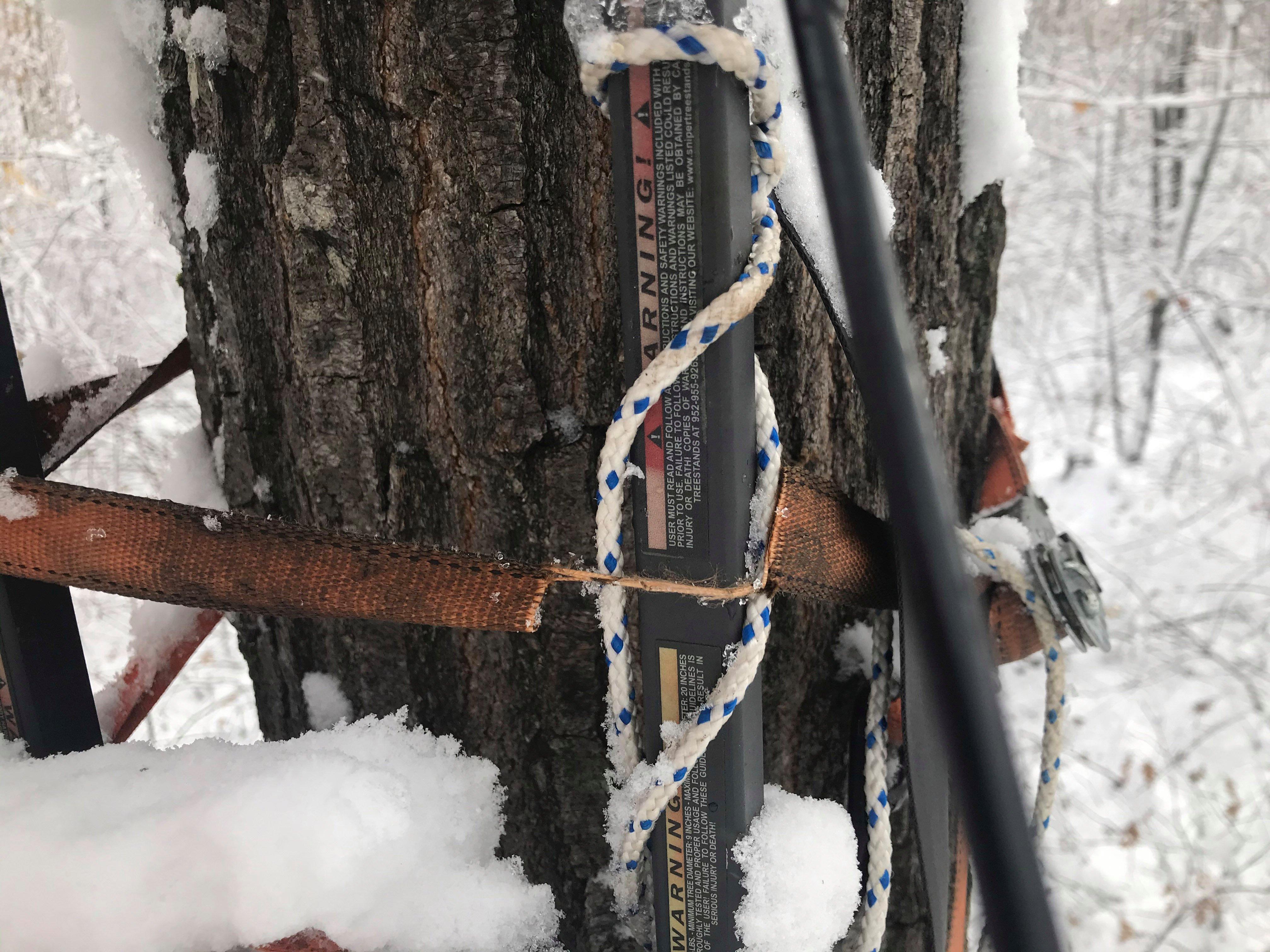 A close-up view shows a cut strap from the sabotaged treestand. Image by Michigan Department of Natural Resources