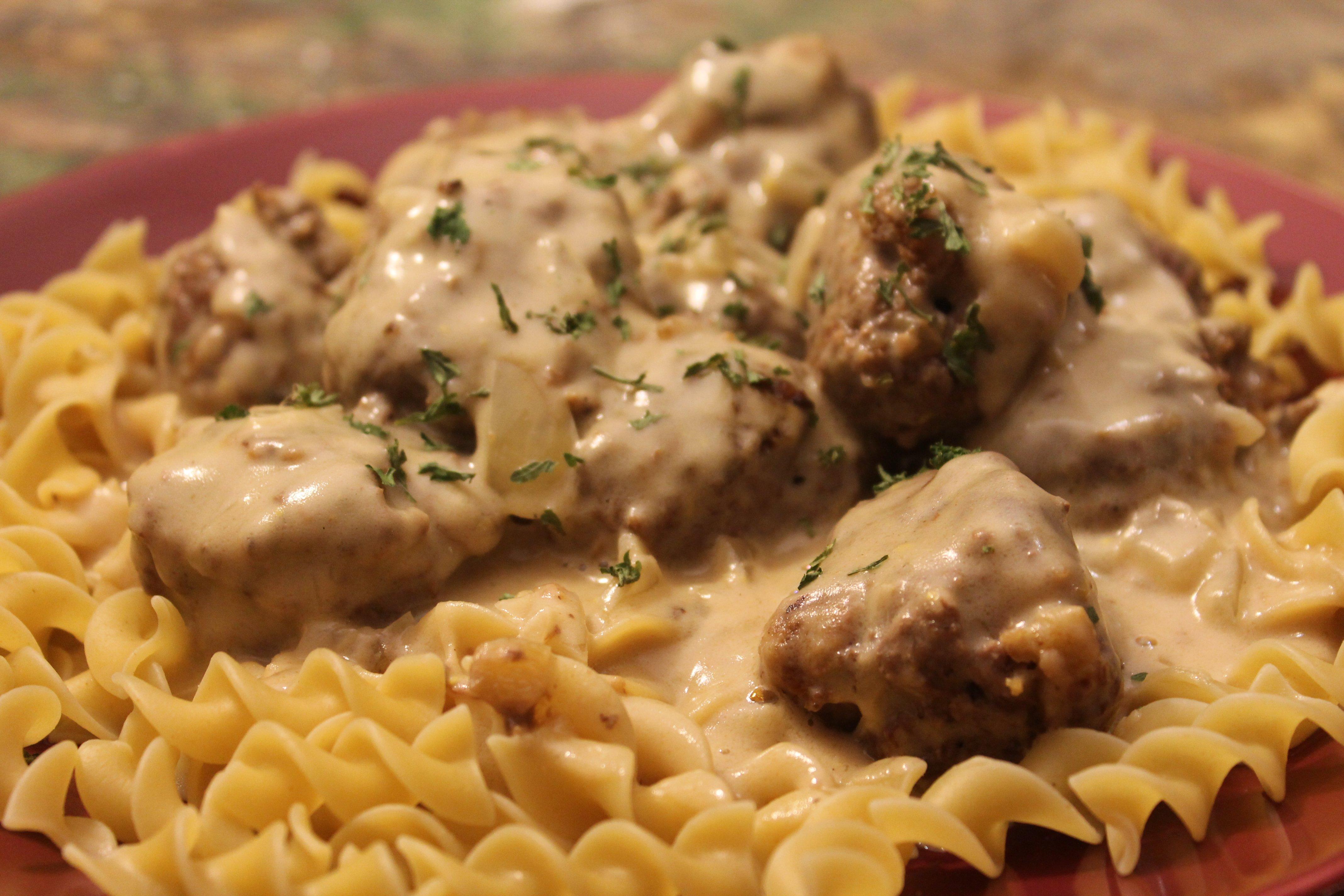 Swedish meatballs over egg noodles