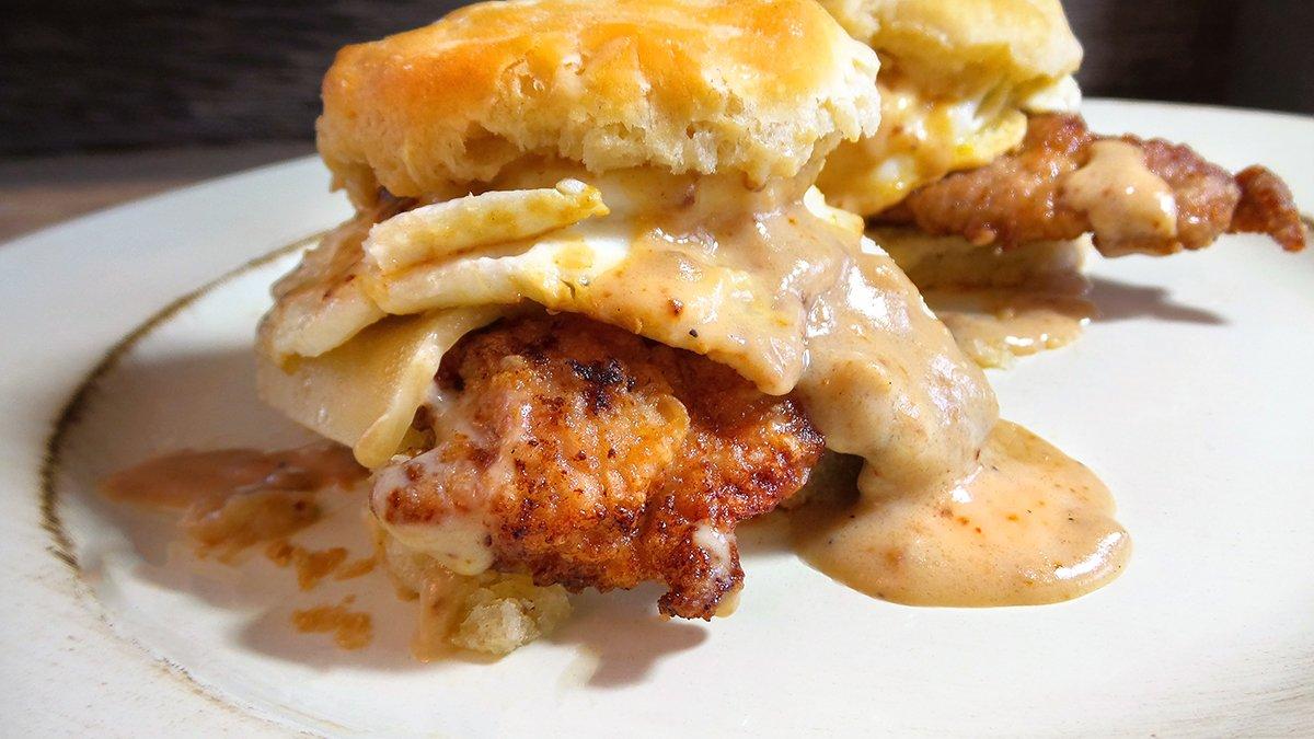 Cajun fried turkey, eggs, and gravy all on a biscuit, the perfect Father's Day breakfast