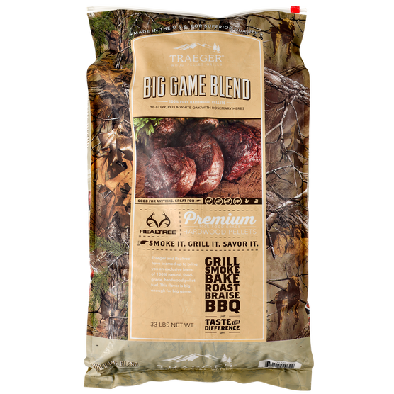 The Realtree Big Game Blend of pellets from Traeger are perfect for wild game.