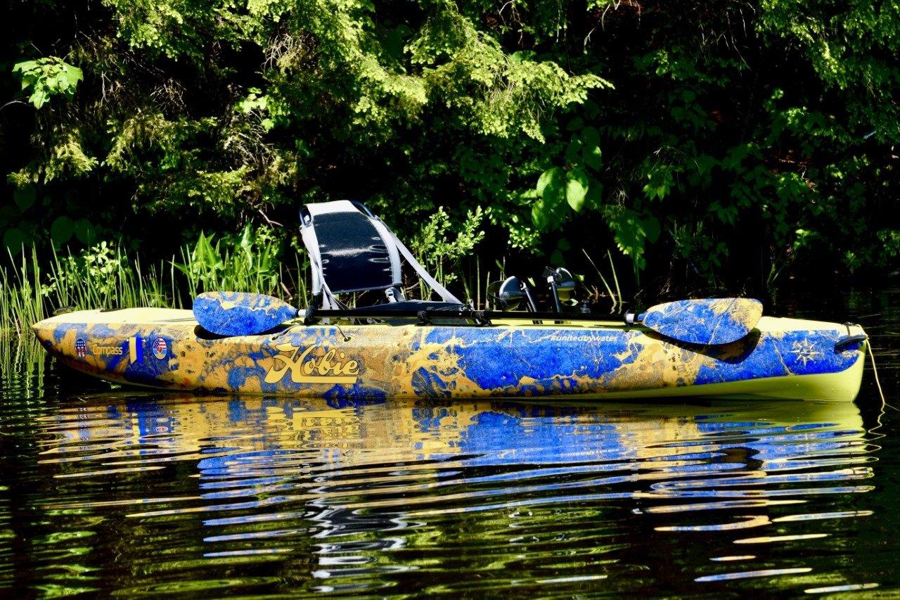 BRD Custom designed the Ukraine-themed WAV3 skin that is featured on the utility-focused Hobie Mirage Compass pedal kayak. Image by BRD Custom.