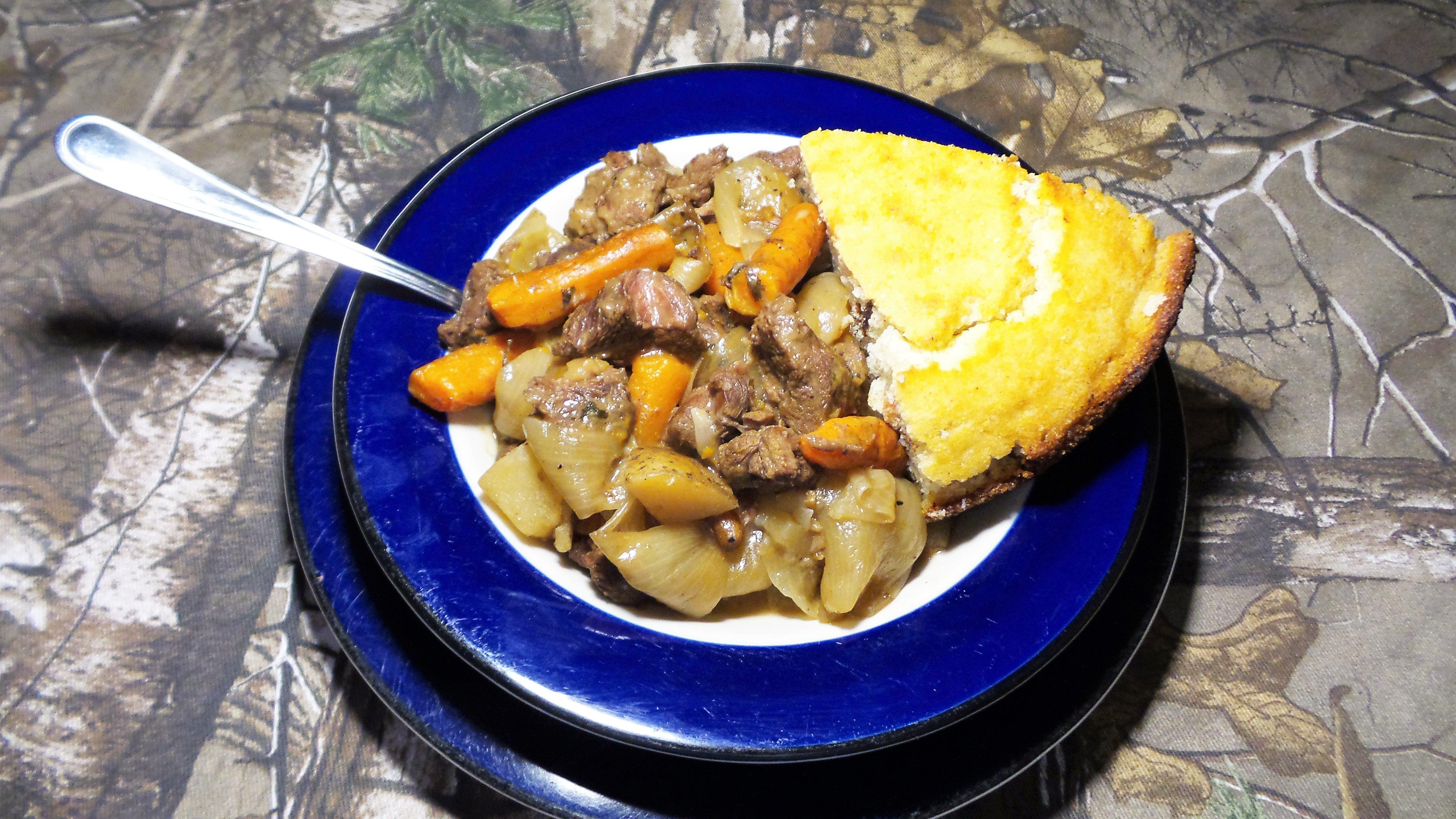 Serve the venison stew with a slice of hot, fresh-from-the-oven cornbread.