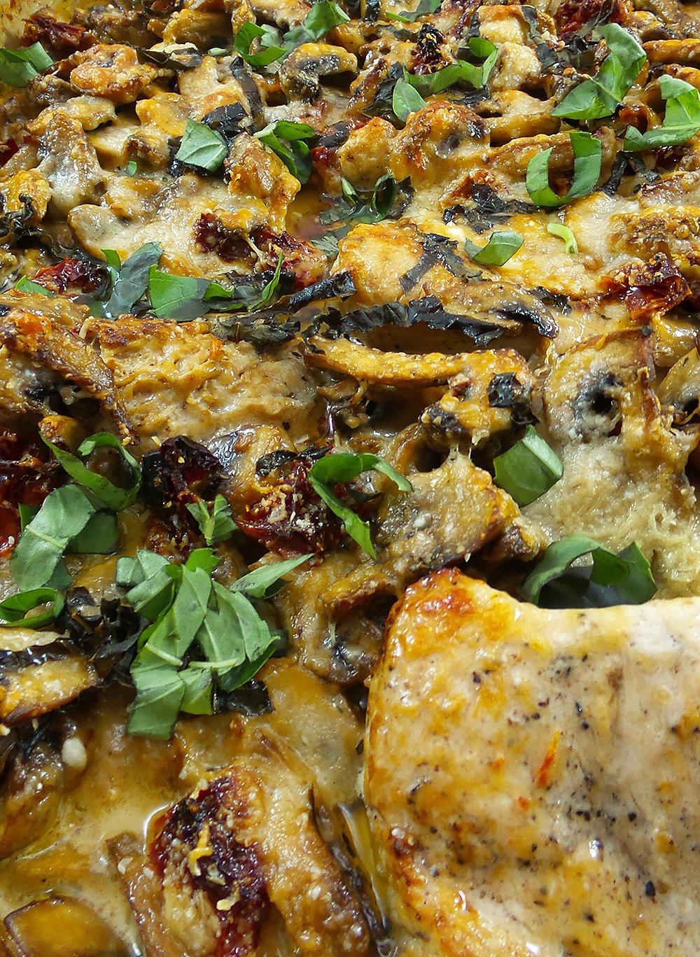 Rich creamy cheesy sauce tops savory wild turkey, mushrooms and sun-dried tomatoes in this bubbly casserole.