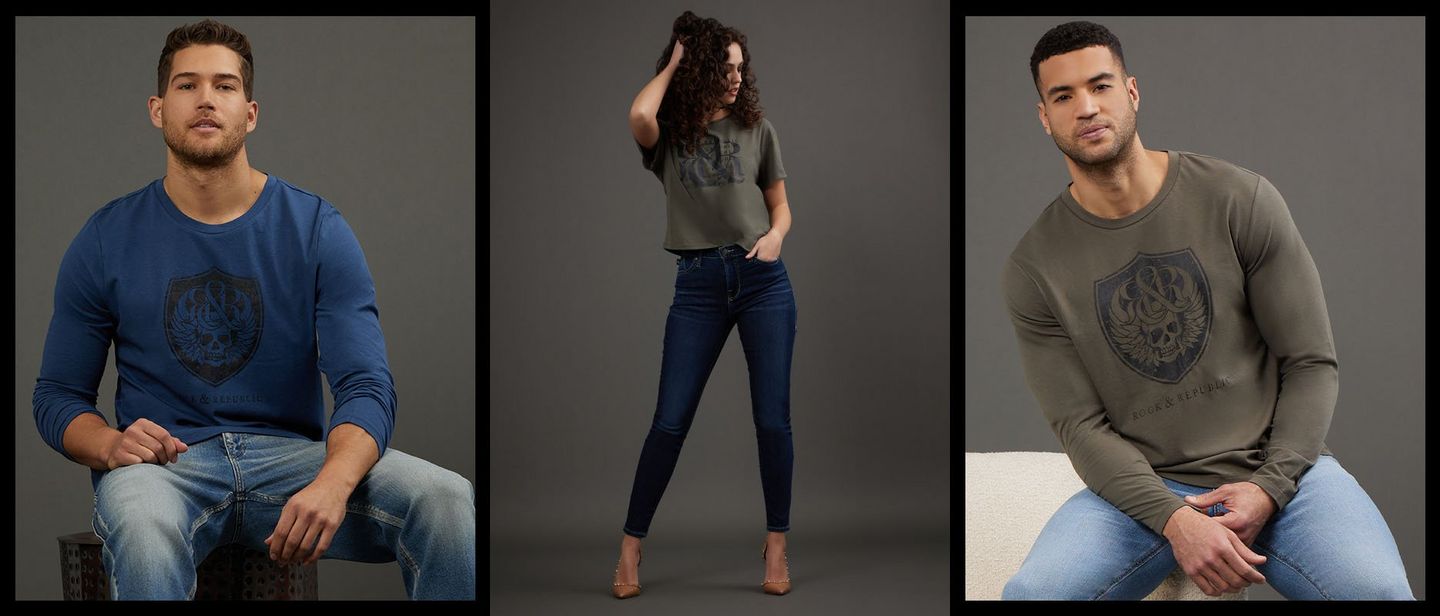 Men in Rock & Republic Long Sleeve Skull Tee and Woman in Repeat Logo Boxy Tee
