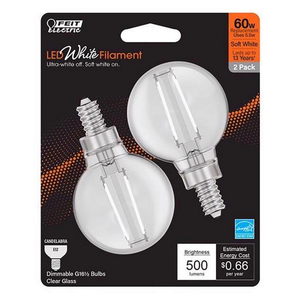 Feit Electric G16.5 E12 LED Soft White 60 Watt Bulbs - 2 Pack