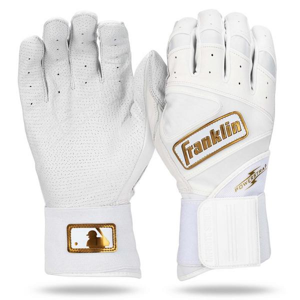 Boys' Franklin Sports MLB Powerstrap Infinite Series Baseball Batting Gloves White/Gold Large