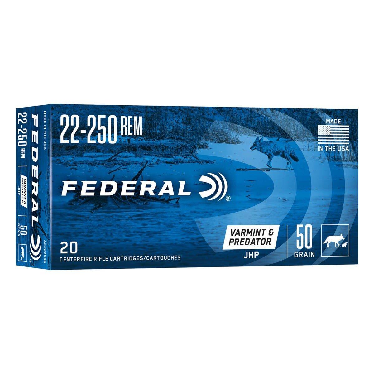 Federal American Eagle Varmint & Predator JHP 22-250 Remington Rifle Ammunition 20 Round Box
