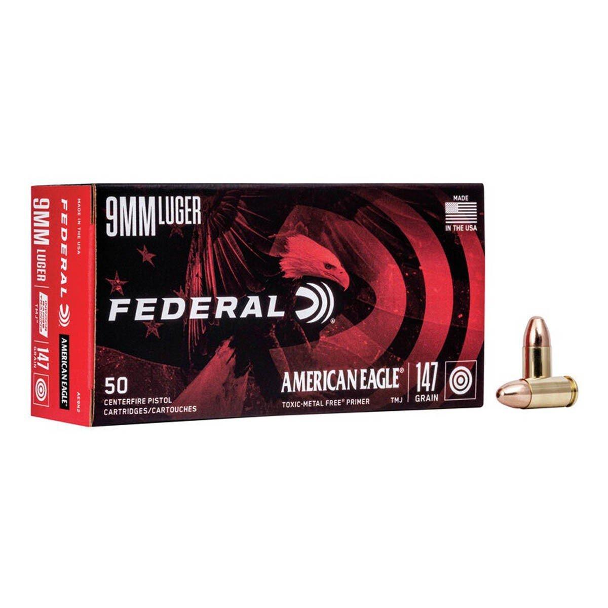 Federal American Eagle Indoor Range Training TMJ 9mm Handgun Ammunition 50 Round Box