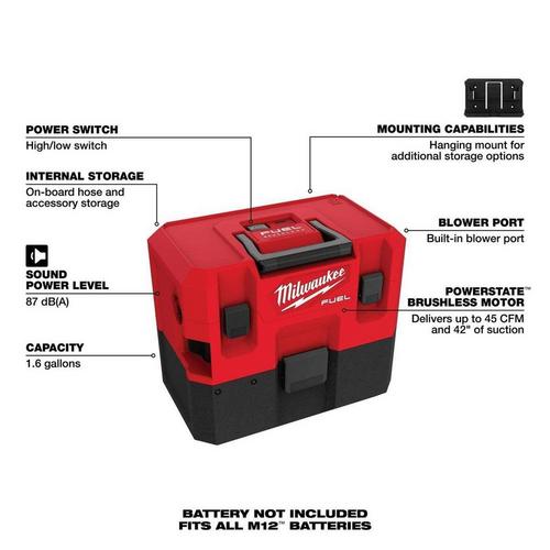 Milwaukee M12 Cordless Shop Vacuum - Tool Only - Primary Image