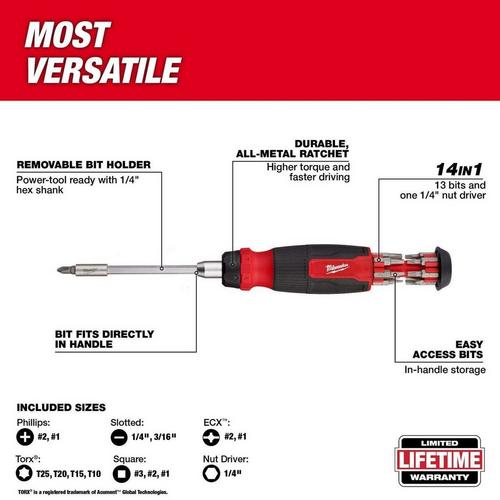 Milwaukee Hex Shank 14-in-1 Ratcheting Multi-Bit Screwdriver - Primary Image