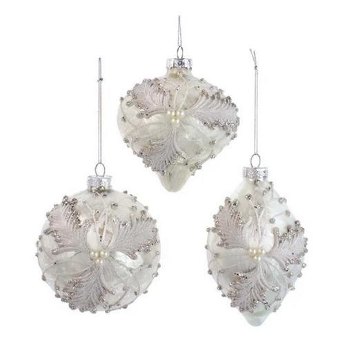 Kurt S. Adler 100MM Glass Silver and White Frosted Holly Ball, Drop & Finial Ornament (Styles May Vary) - Primary Image