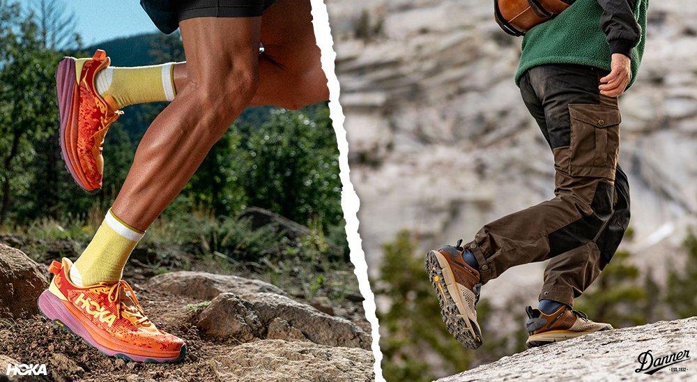 a collage of hoka trail runners and danner hiking shoes