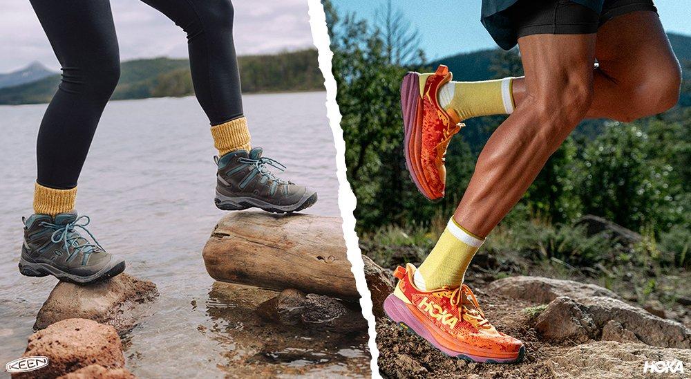 one image of hiking boots stepping over rocks and another image of a runner in trail runners