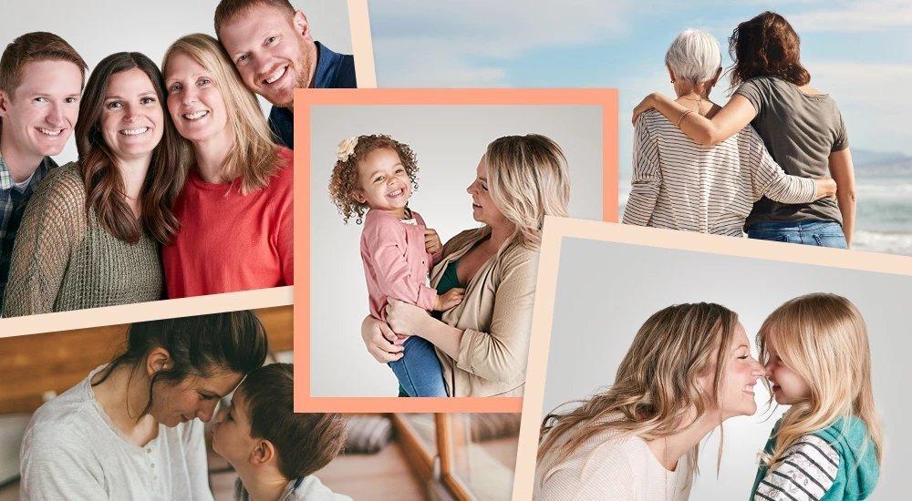 a collage of a bunch of moms with their kids at different ages