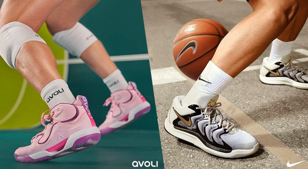 A split image of volleyball and basketball shoes