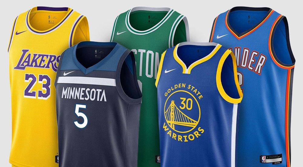 a variety of NBA jerseys from different teams