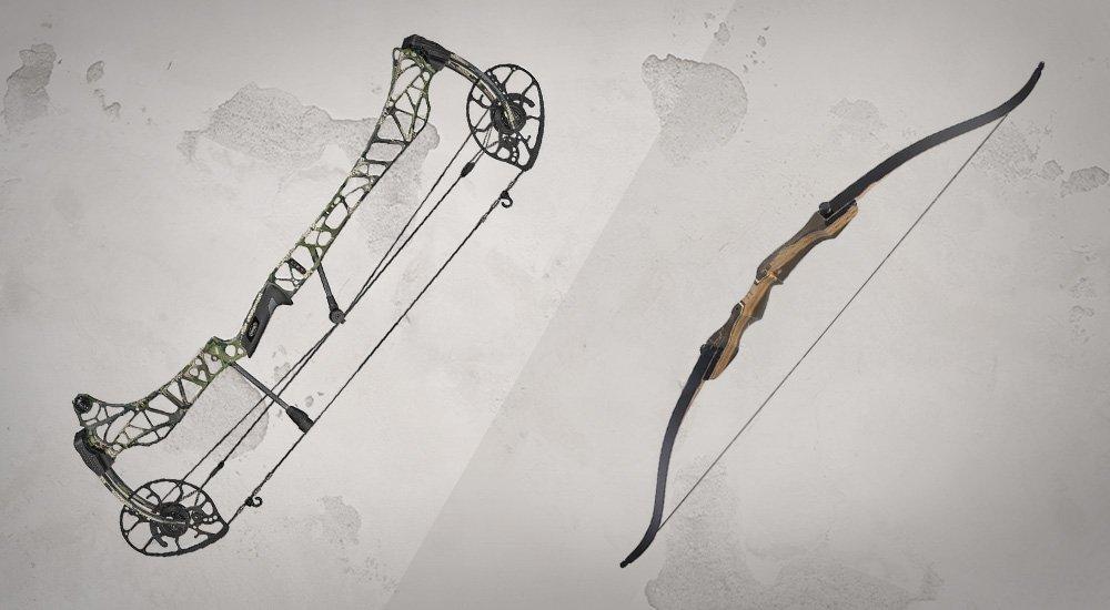 a picture of a recurve bow and compound bow
