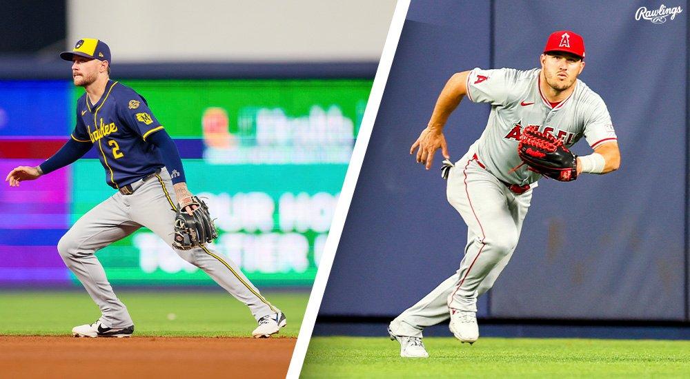 A split image with an infield and an outfield player during a game