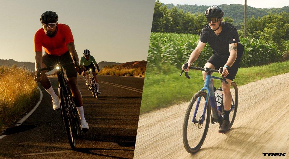 dual image of a man riding a road bike and a man riding a gravel bike