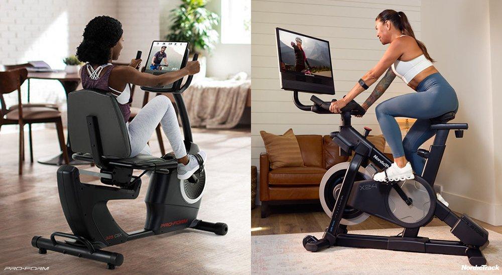 A comparison image showing a recumbent bike and an indoor cycling bike