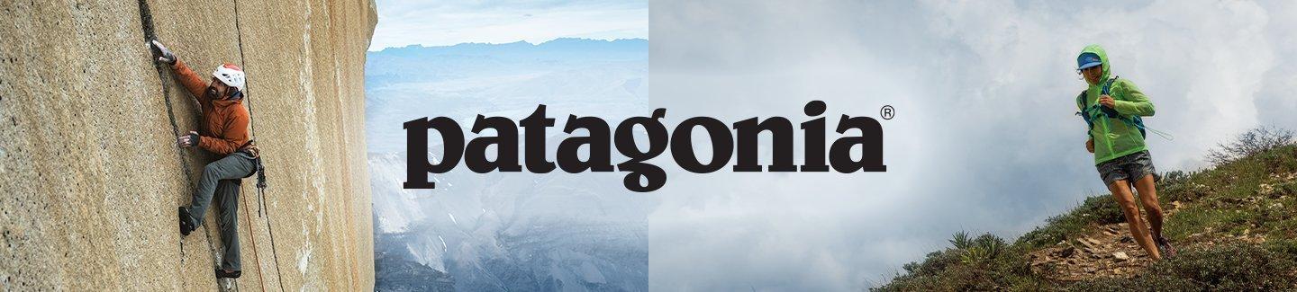 Patagonia logo: lifestyle image of a person mountain climbing and running