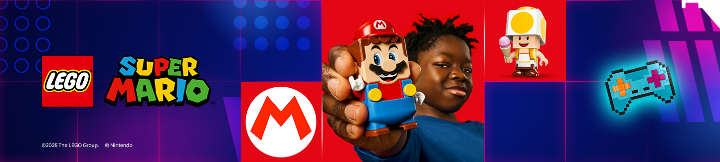 Lego and Super Mario Logos. Image of person holding Super Mario Lego figure