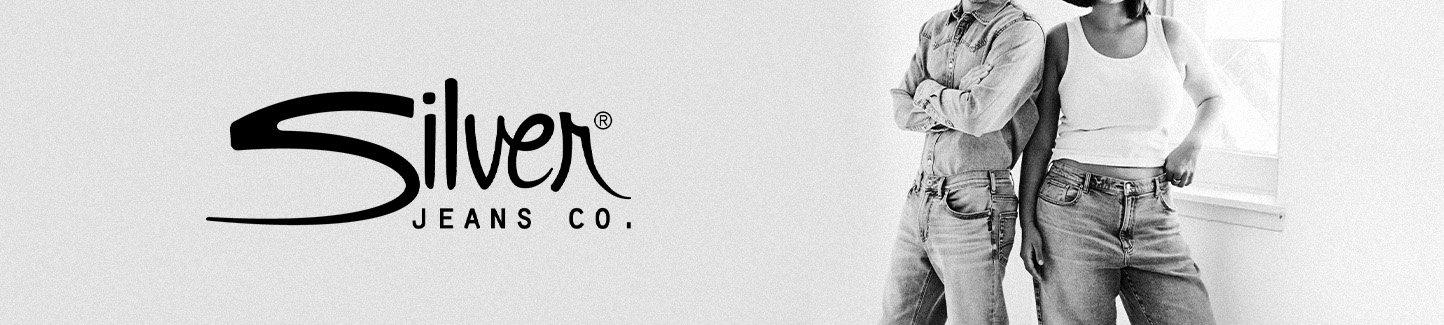 Black and White Image of People Wearing Silver Jeans. Silver Jeans Co. Logo.