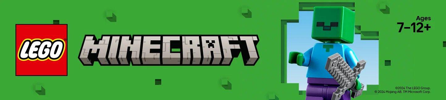 Minecraft and Lego logos with minecraft zombie