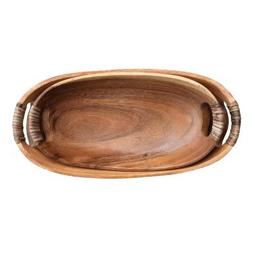 Creative Co-Op Acacia Wood Bowls with Rattan Wrapped Handles - Primary Image