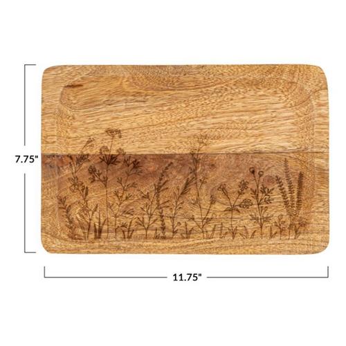 Creative Co-Op Mango Wood Tray w/ Laser Etched Botanicals - Primary Image