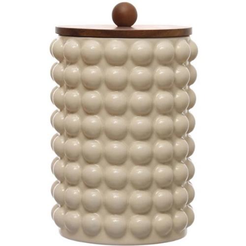 Creative Co-Op Stoneware Canister w/ Raised Dots & Acacia Wood Lid - Primary Image