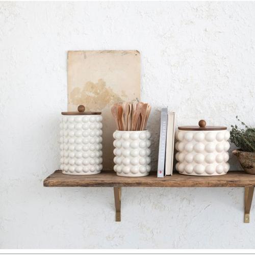 Creative Co-Op Stoneware Canister w/ Raised Dots & Acacia Wood Lid - Primary Image