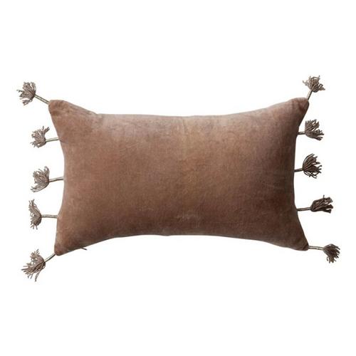 Creative Co-Op 20"L x 12"H Cotton Velvet Lumbar Pillow w/ Metallic Thread Wrapped Tassels - Primary Image