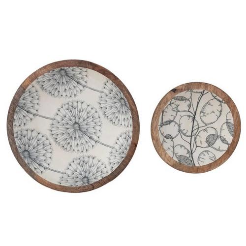 Creative Co-Op Enameled Mango Wood Bowl with Botanical Pattern - Primary Image