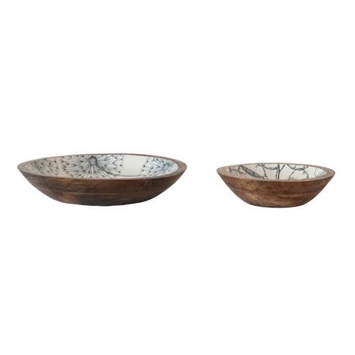 Creative Co-Op Enameled Mango Wood Bowl with Botanical Pattern - Primary Image