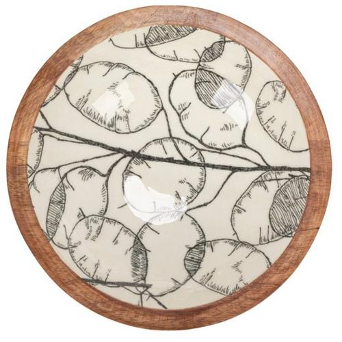 Creative Co-Op Enameled Mango Wood Bowl with Botanical Pattern - Primary Image