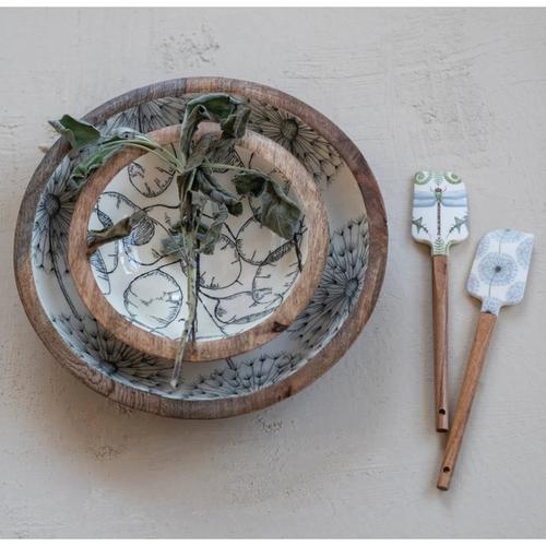 Creative Co-Op Enameled Mango Wood Bowl with Botanical Pattern - Primary Image