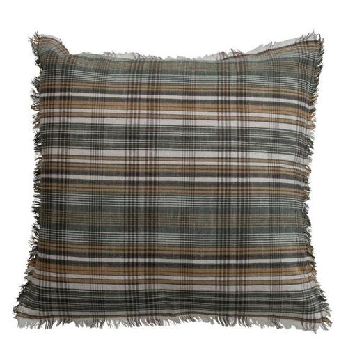 Creative Co-Op 20in Woven Linen & Cotton Pillow with Plaid Pattern and Fringe - Primary Image