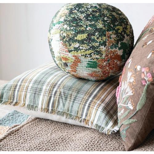 Creative Co-Op 20in Woven Linen & Cotton Pillow with Plaid Pattern and Fringe - Primary Image
