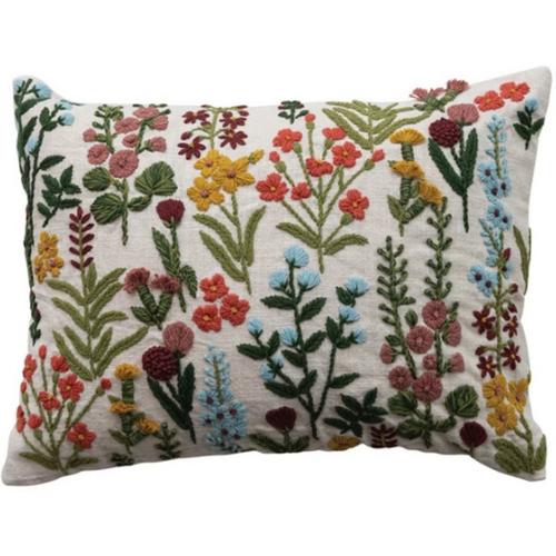 Creative Co-Op Cotton Slub Lumbar Pillow with Hand-Embroidered Flowers - Primary Image