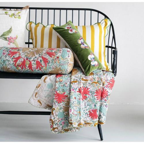 Creative Co-Op Cotton Striped Lunbar Pillow with Scalloped Flange - Primary Image