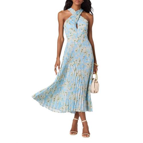 astr green halter dress the Label | Samantha Plissé Midi in Blue Floral Midi dress